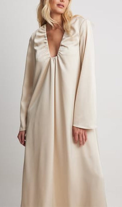 SATIN GATHERED NECKLINE MAXI DRESS