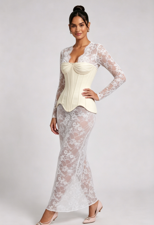 white sheer floral lace column dress with structured hourglass corset overlay layered maxi dress