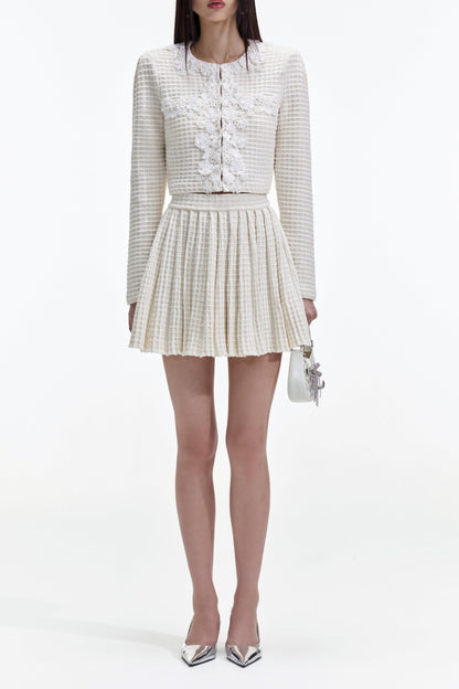 CREAM KNIT FLORAL TRIM CARDIGAN