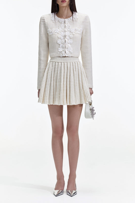CREAM KNIT FLORAL TRIM CARDIGAN