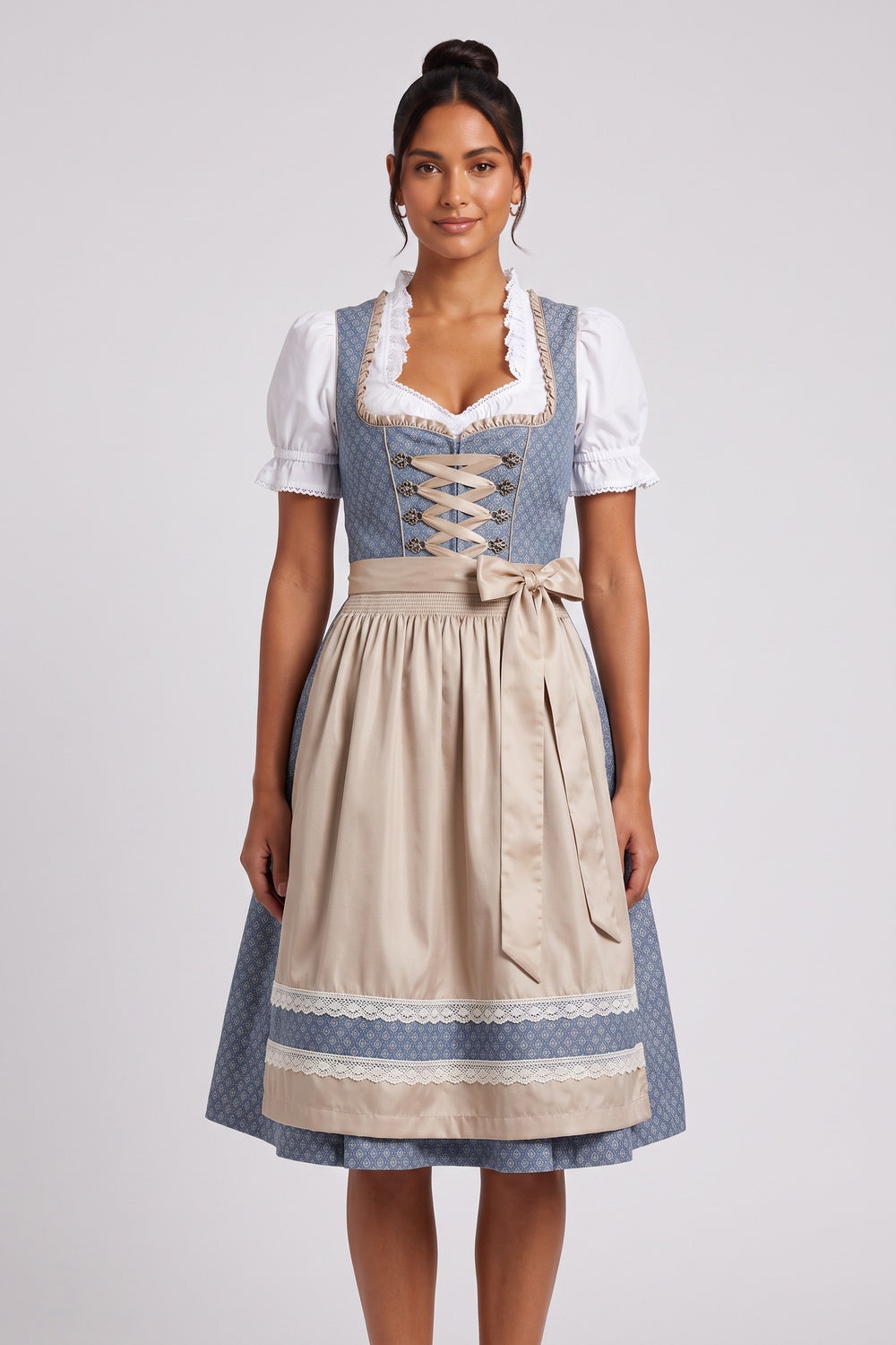 dusty blue woven jacquard fit-and-flare dirndl dress set dusty blue, champagne beige, white woven jacquard dirndl dress set - product view 1