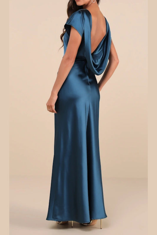 satin cowl back maxi dress in dark teal