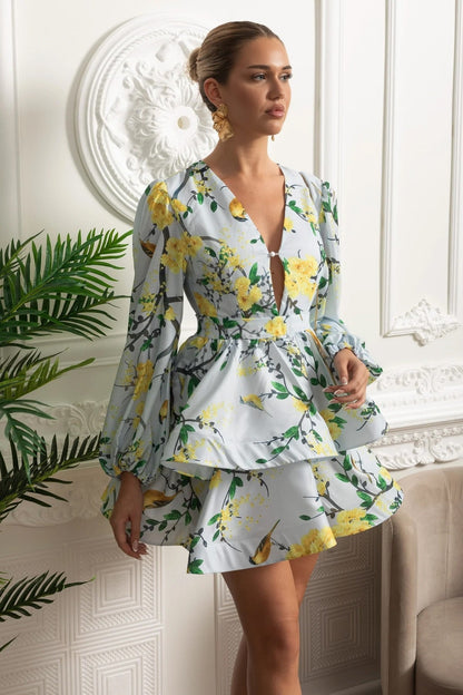 Floral Romantic Mini Dress With Voluminous Sleeves And Peplum Detail - Sky Blue