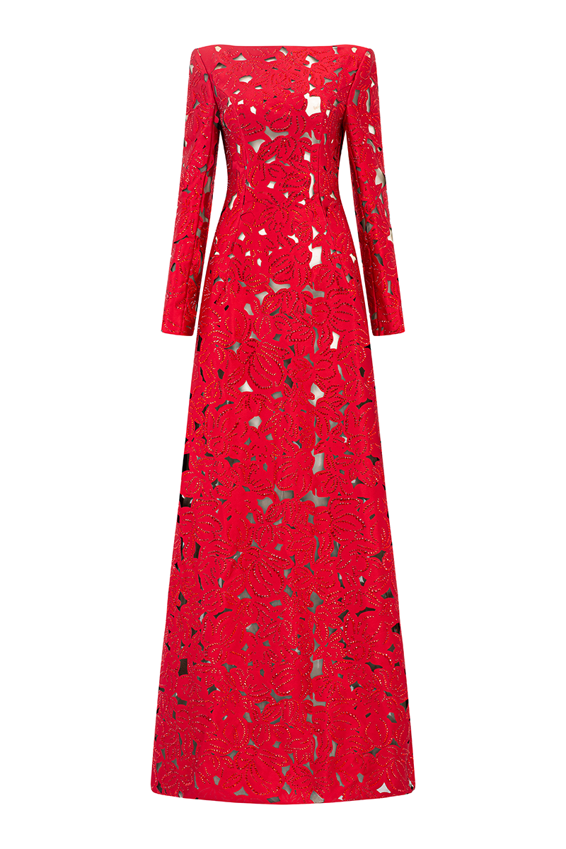 Red Laser-Cut Structured Fabric A-Line Gown