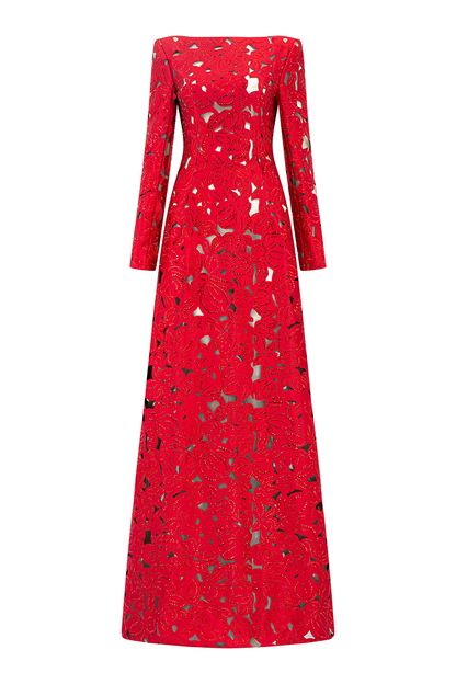 Red Laser-Cut Structured Fabric A-Line Gown