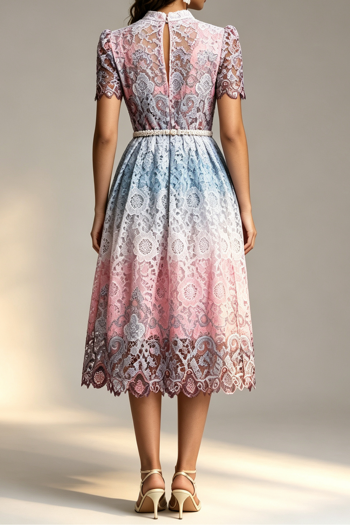 Ombre Gradient Floral Lace Stand Collar Short Puff Sleeve Pearl Button Rhinestone Belt A-Line Midi Dress