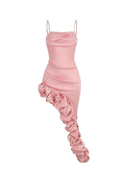 PINK FLORAL HIP-HUGGING PLEATED SUSPENDER DRESS