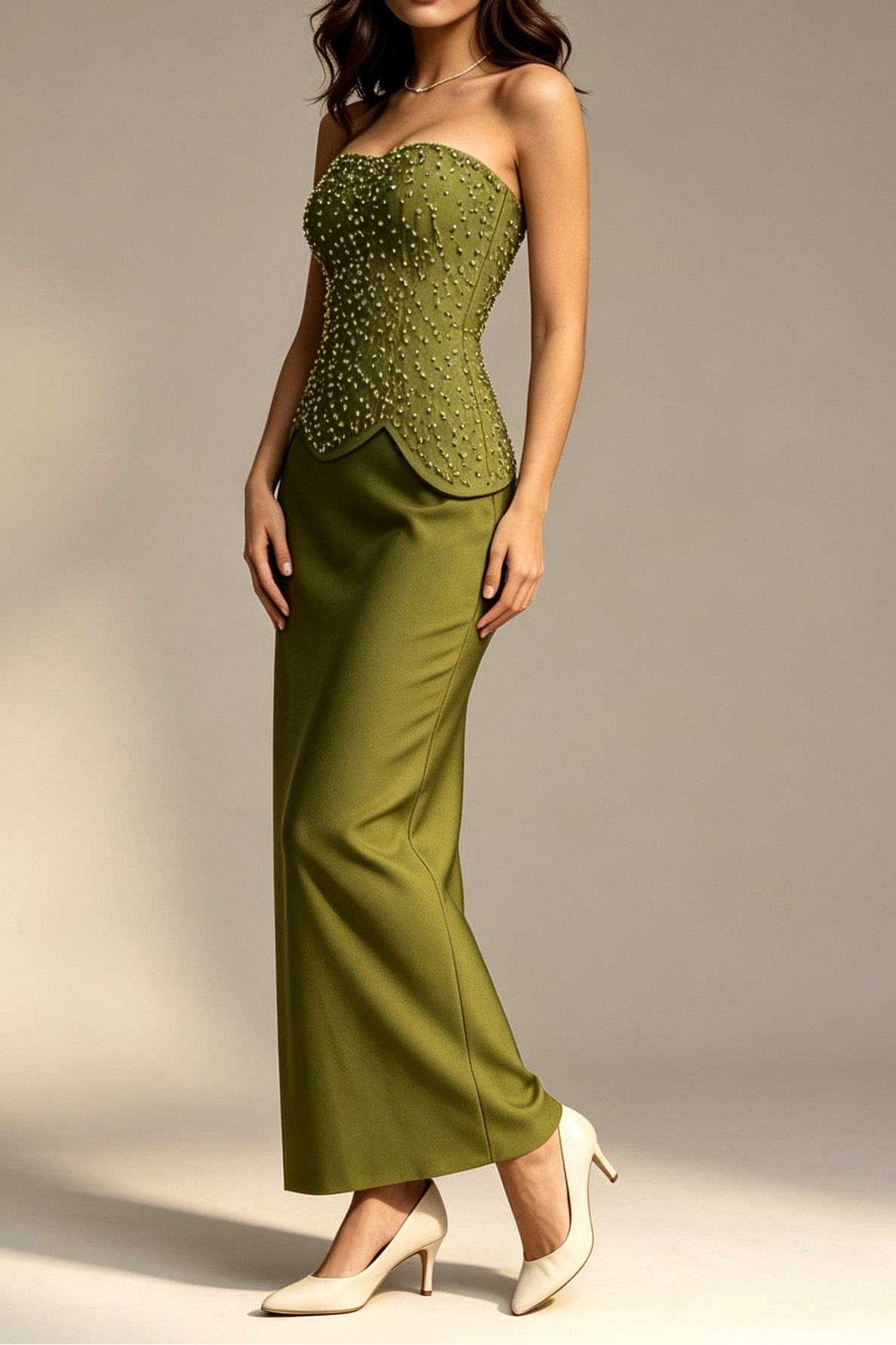 Olive Green Strapless Sweetheart Full Rhinestone Beaded Peplum Waist Mermaid Floor Length Formal Gown