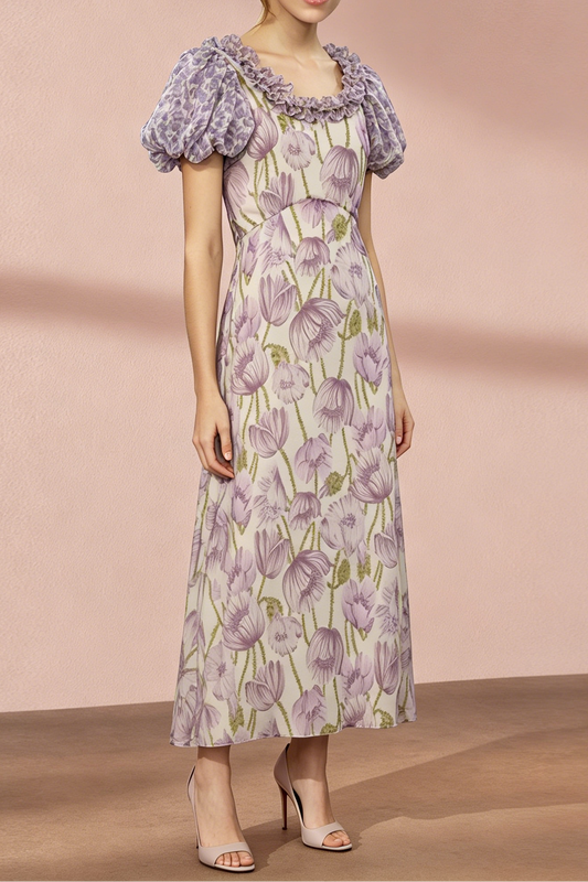 purple floral Puff sleeve midi dress