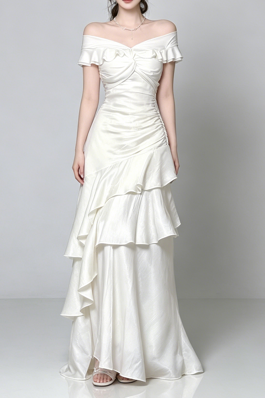 Off Shoulder Twist Ruched Tiered Ruffle Satin Maxi Dress