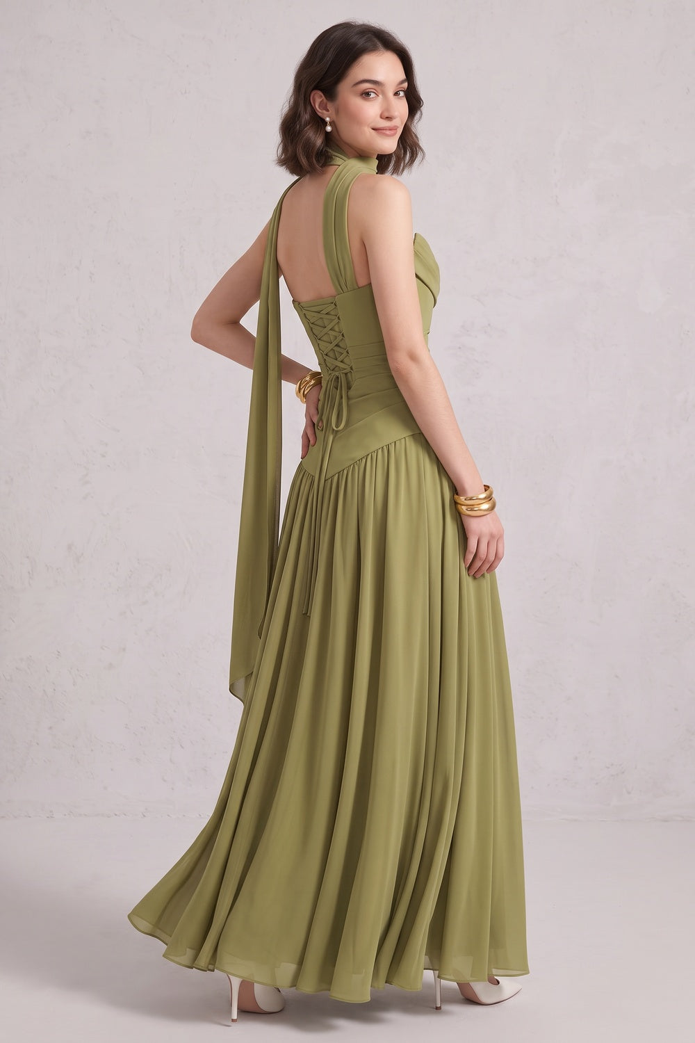 Olive Green Chiffon A-Line Gown with Draped Cowl and Lace-Up Back olive green chiffon gown - product view 2