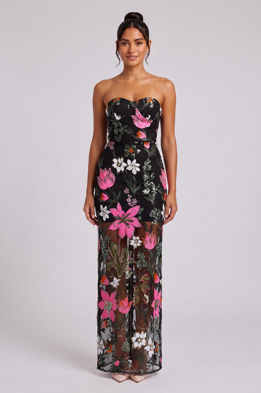 Black Floral Embroidered Mesh Column Dress black mesh dress - product view 1