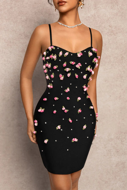 violet black 3D Rose Appliqués Bodycon mini Dress