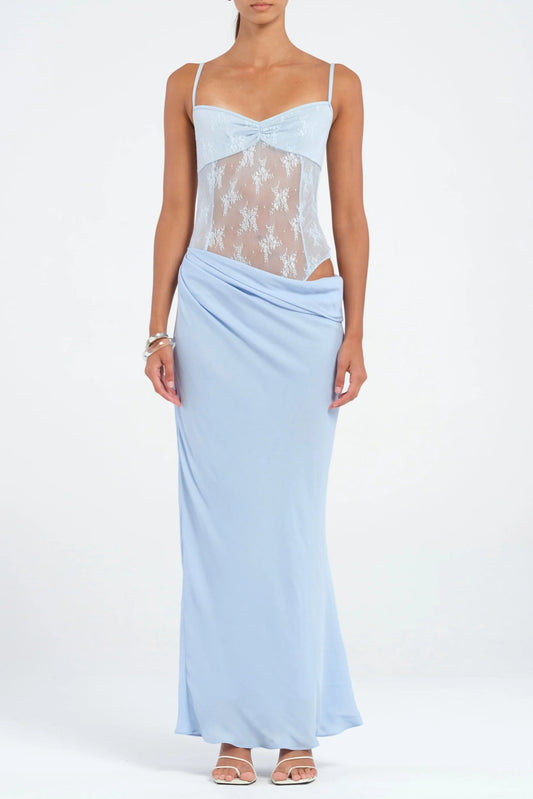 Hollow pleated suspenders with ruffles maxi dress in blue