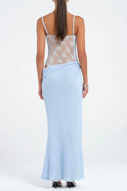 Hollow pleated suspenders with ruffles maxi dress in blue