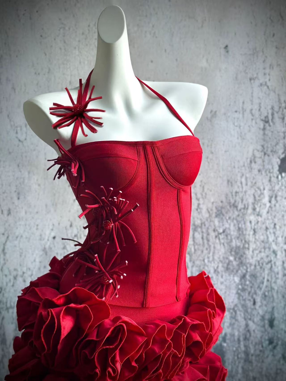 corset floral mini skirt suit in red