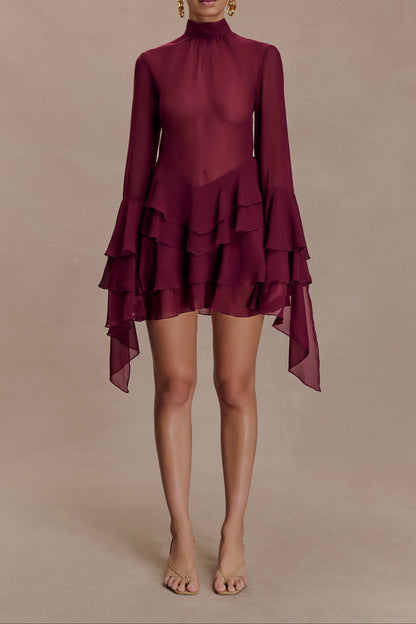 Chiffon Ruffle Mini Dress - Wine