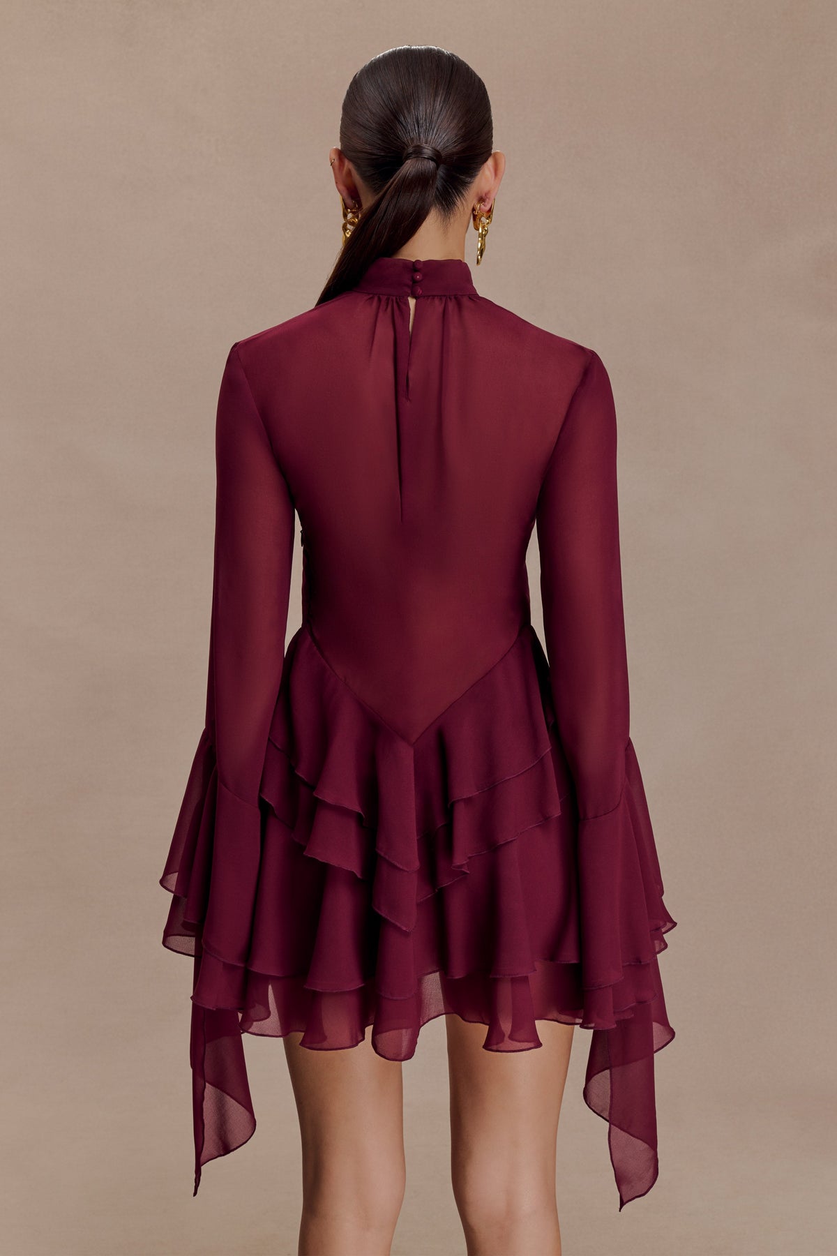 Chiffon Ruffle Mini Dress - Wine
