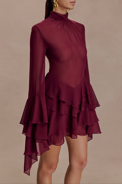 Chiffon Ruffle Mini Dress - Wine