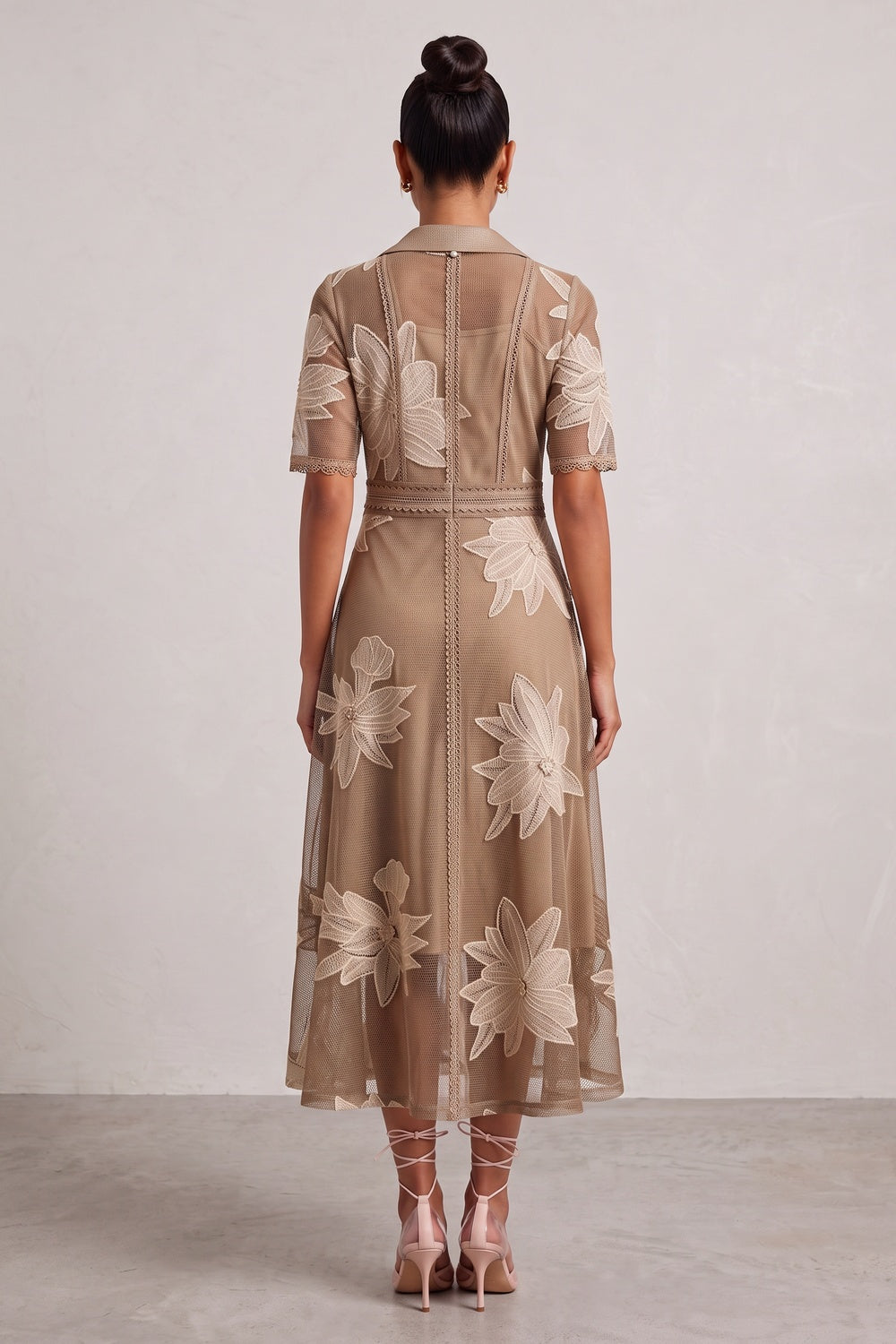 Taupe Fine Mesh Tulle A-Line Midi Dress with Floral Applique taupe, brown fine mesh tulle dress - product view 5
