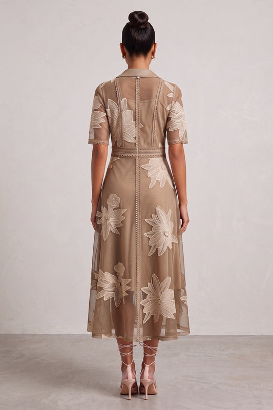 Taupe Fine Mesh Tulle A-Line Midi Dress with Floral Applique taupe, brown fine mesh tulle dress - product view 5
