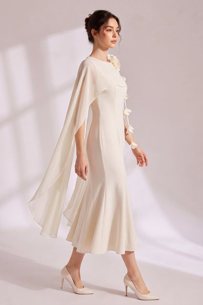 Cape Sleeve 3D Floral Chiffon Midi Mermaid Dress