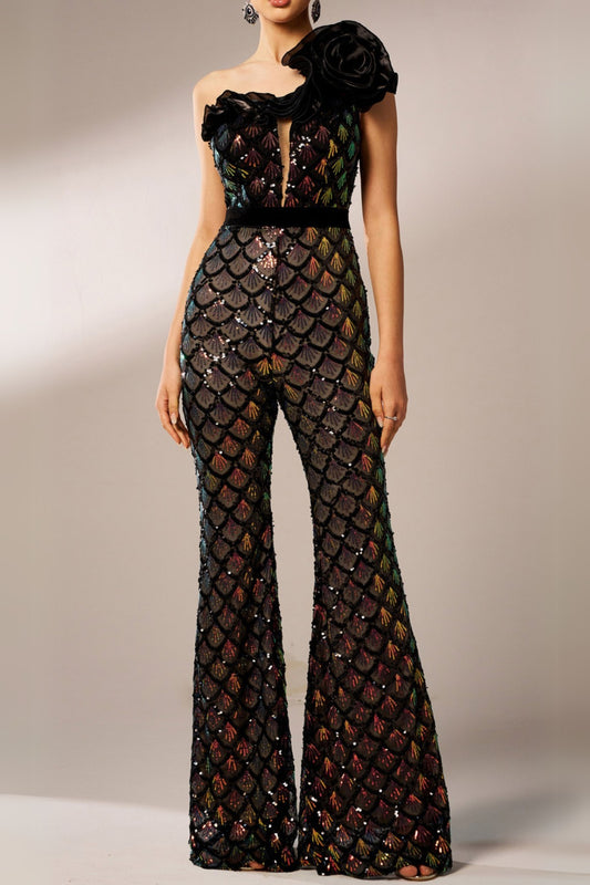 Mermaid Scale Floral One-Shoulder Sequin Jumpsuit