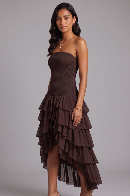 Strapless Smocked Tiered High Low Midi Dress