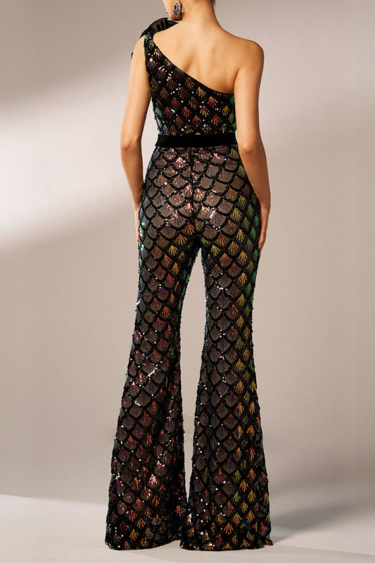 Mermaid Scale Floral One-Shoulder Sequin Jumpsuit