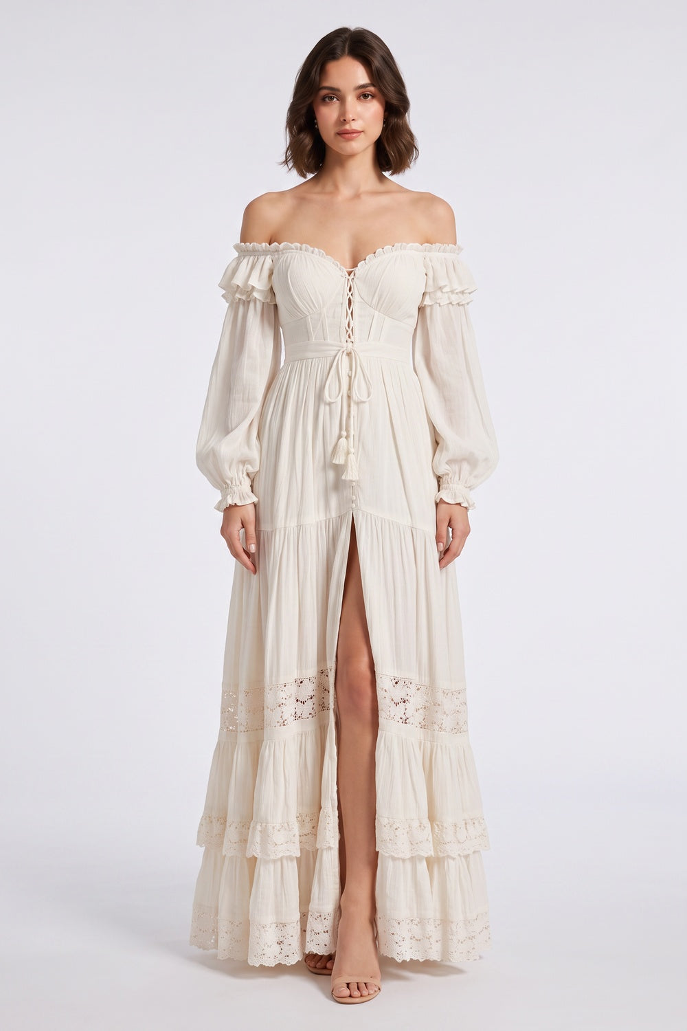 Cream Off-the-Shoulder Tiered Maxi Dress with Lace Trim Premium Fabric - product view 1