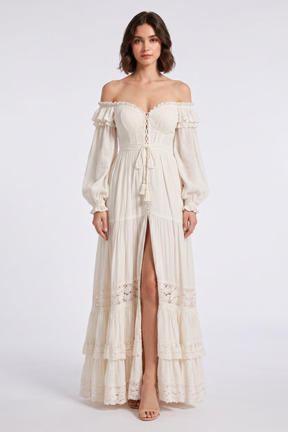 Cream Off-the-Shoulder Tiered Maxi Dress with Lace Trim Premium Fabric - product view 1