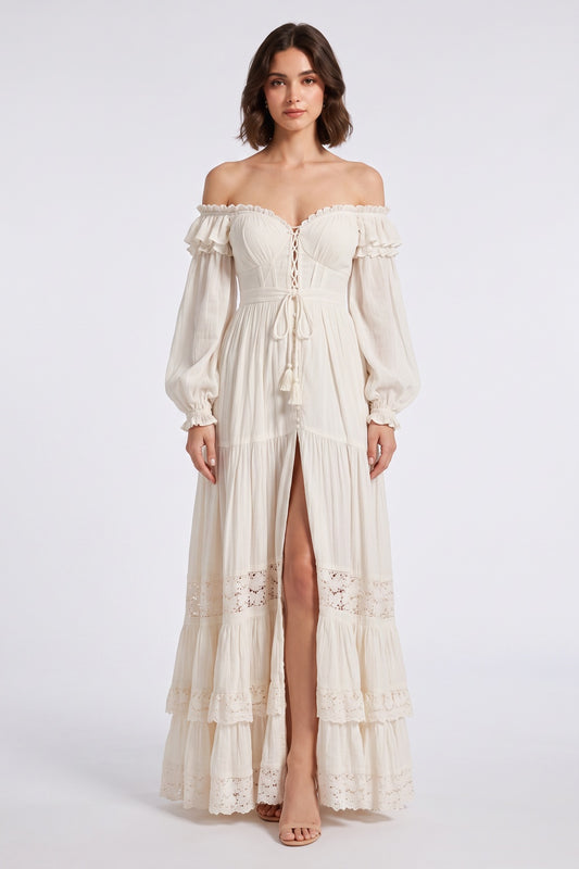 Cream Off-the-Shoulder Tiered Maxi Dress with Lace Trim Premium Fabric - product view 1