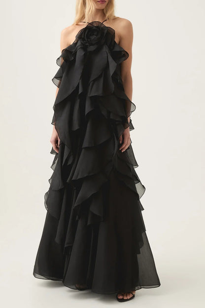 Off-Shoulder Ruffle Layered Maxi Dress In Black