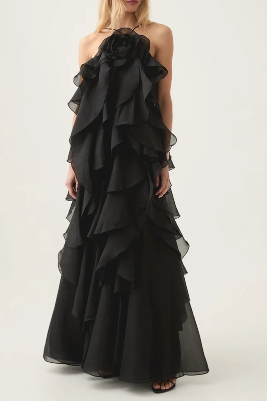Off-Shoulder Ruffle Layered Maxi Dress In Black