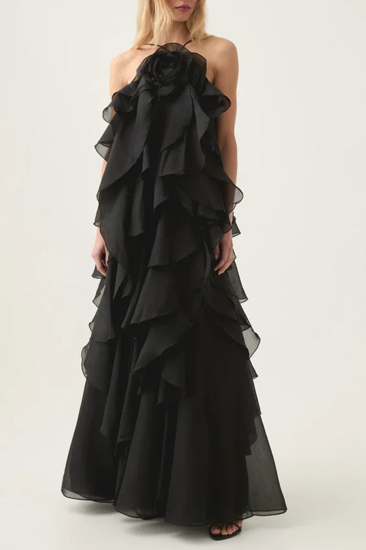 halterneck flounced maxi dress in black