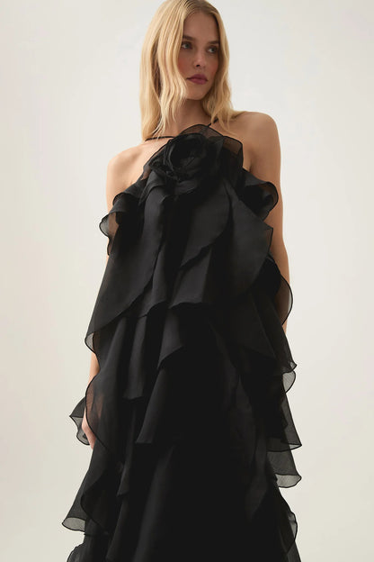 Off-Shoulder Ruffle Layered Maxi Dress In Black