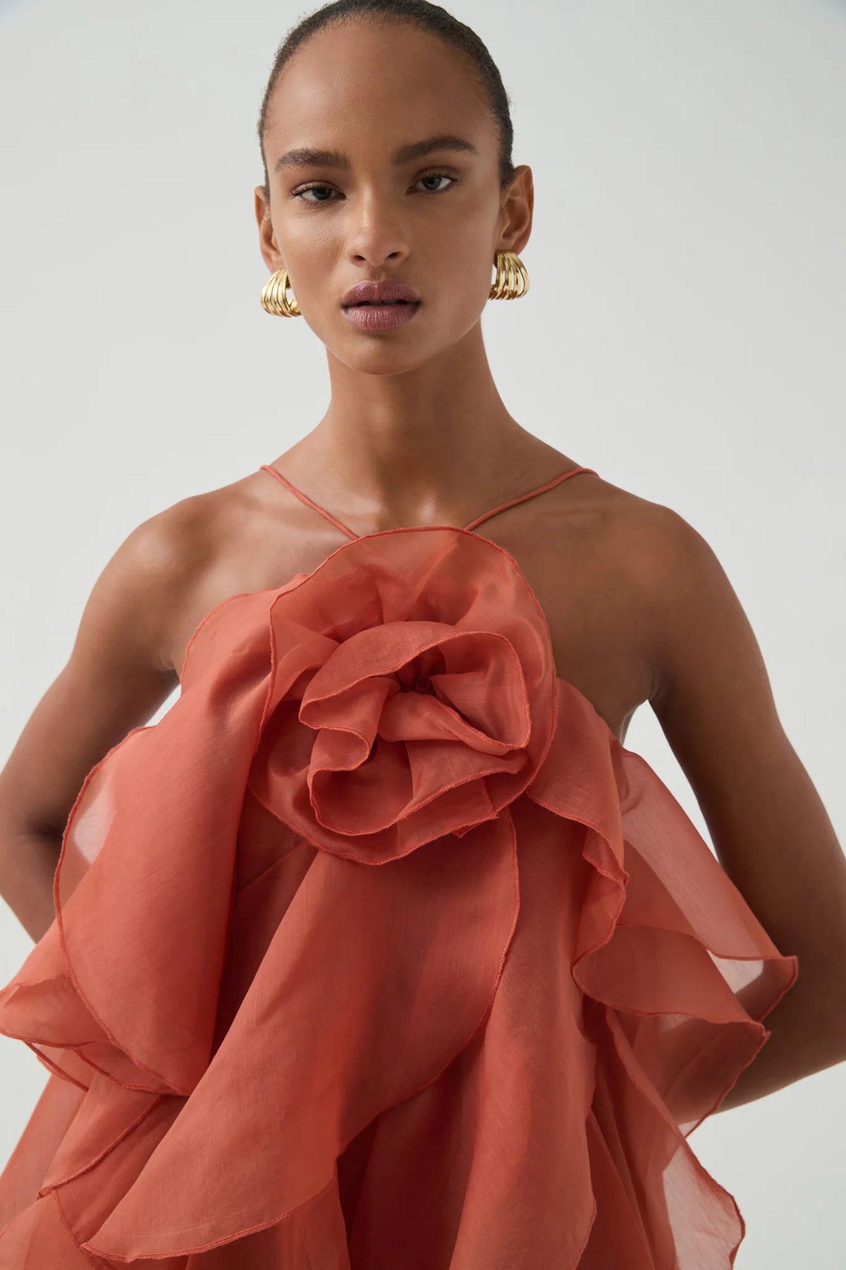 Off-Shoulder Ruffle Layered Maxi Dress In Coral Clay