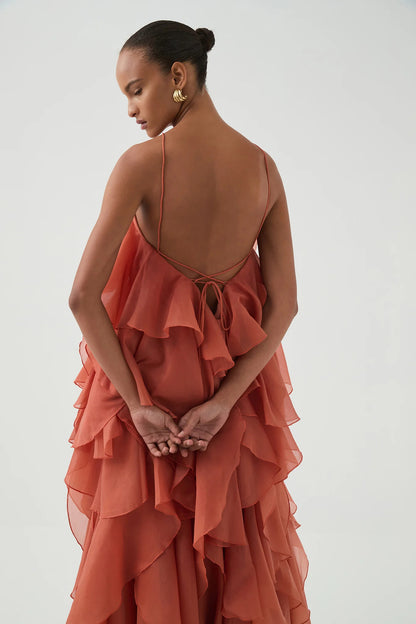 Off-Shoulder Ruffle Layered Maxi Dress In Coral Clay