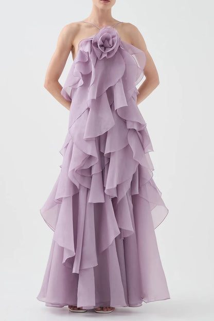 off-shoulder ruffle Layered Maxi Dress in purple