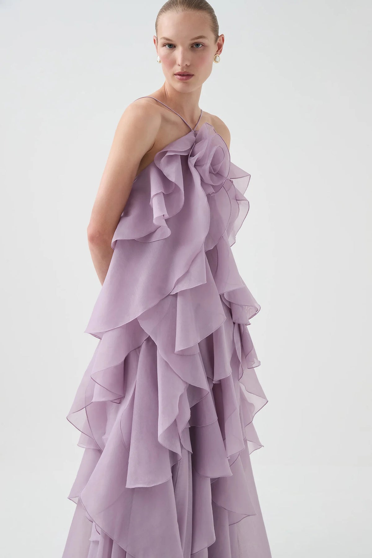 off-shoulder ruffle Layered Maxi Dress in purple