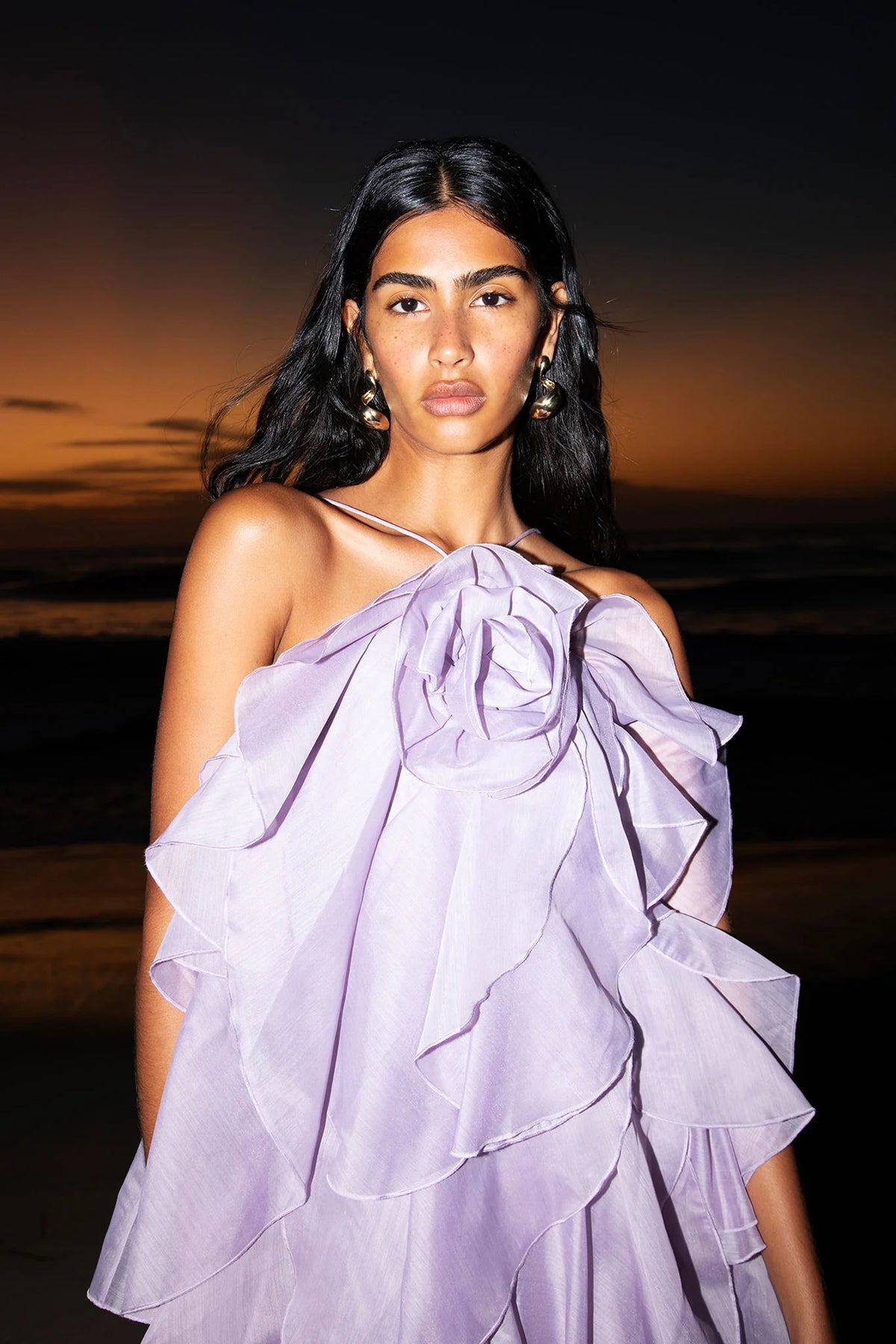 off-shoulder ruffle Layered Maxi Dress in purple