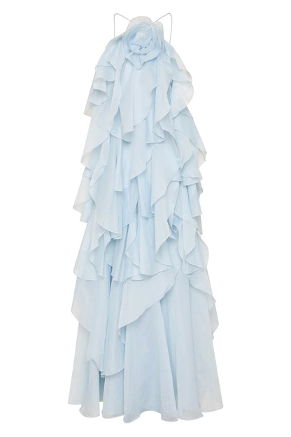 off-shoulder ruffle Layered Maxi Dress in blue