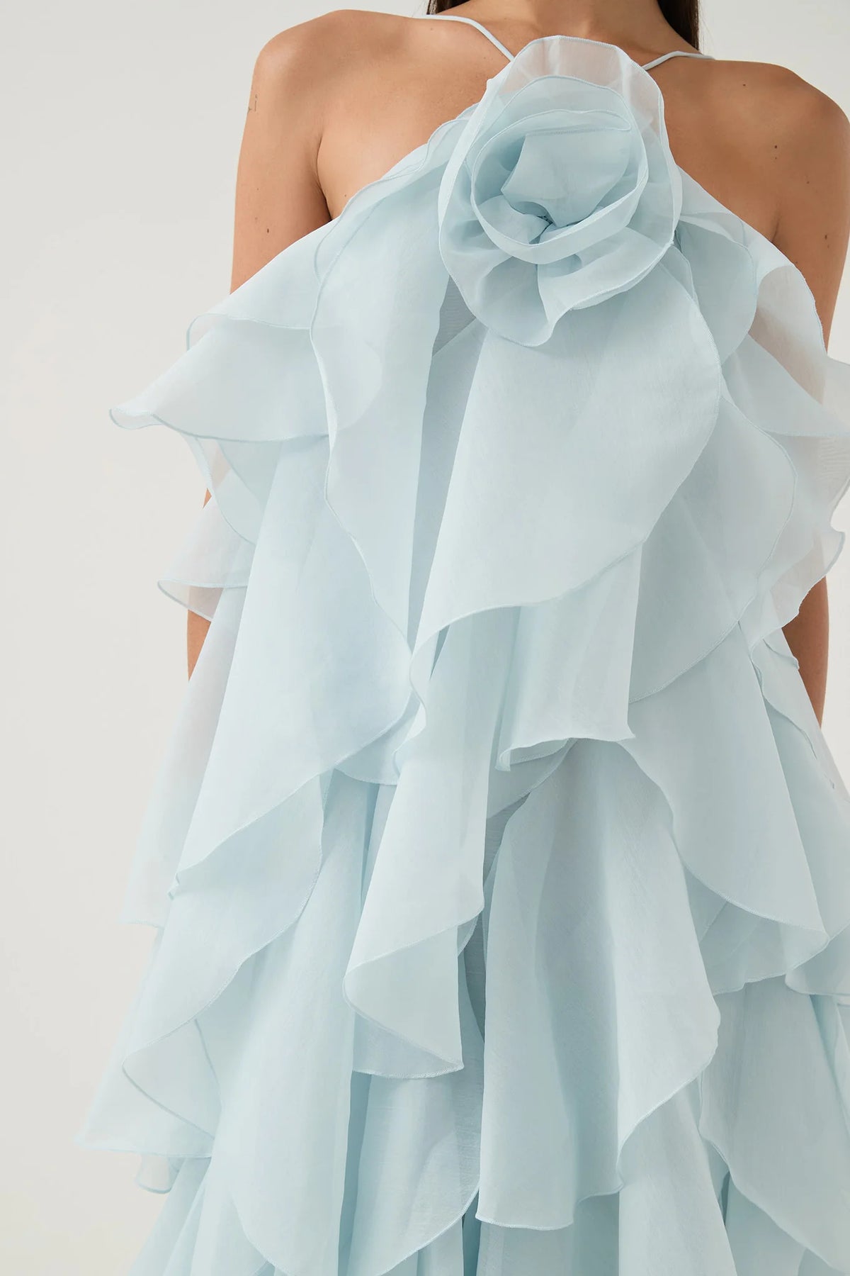 off-shoulder ruffle Layered Maxi Dress in blue