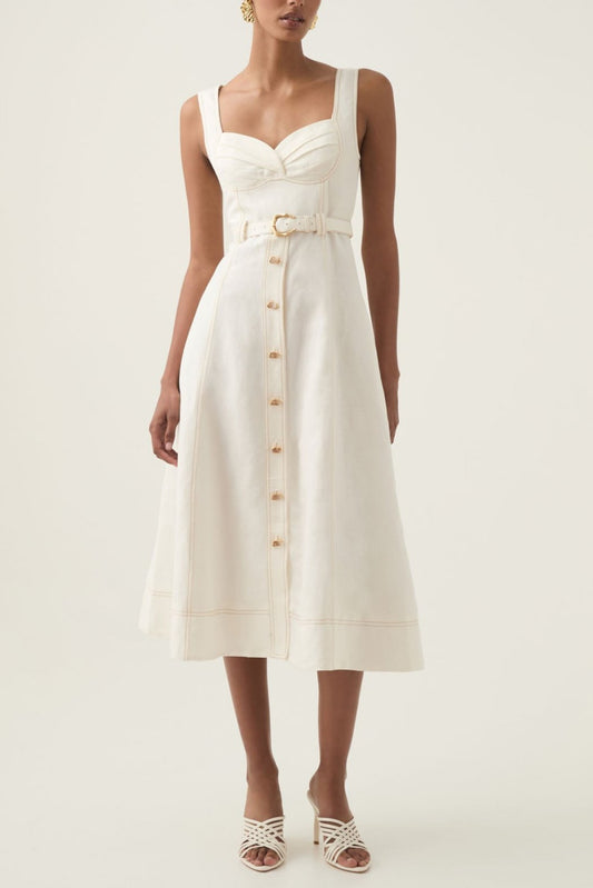 sweetheart neckline belted midi dress in ivory