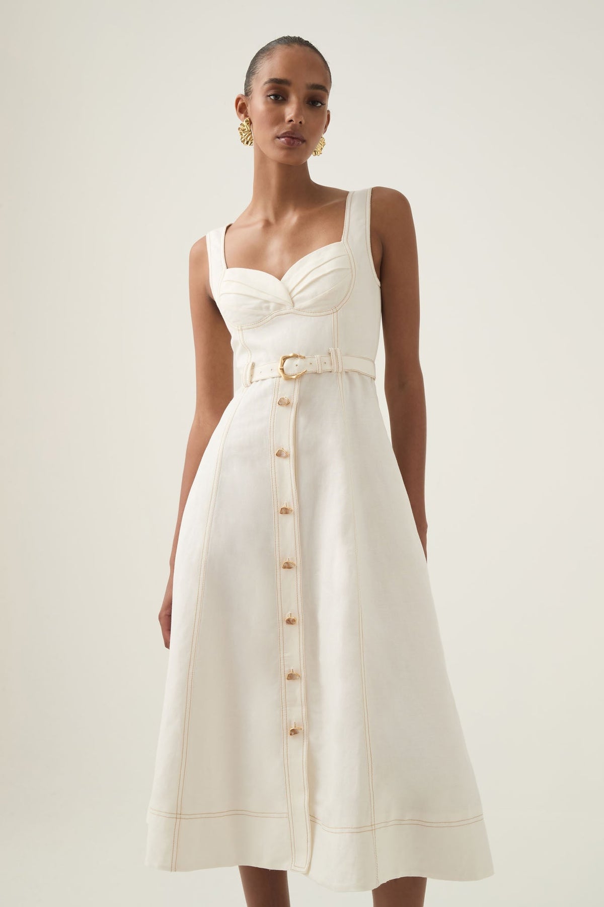 sweetheart neckline belted midi dress in ivory