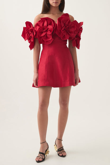 Etta flower strapless mini dress in red