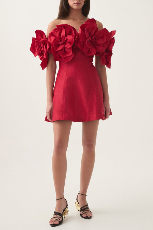 Etta flower strapless mini dress in red