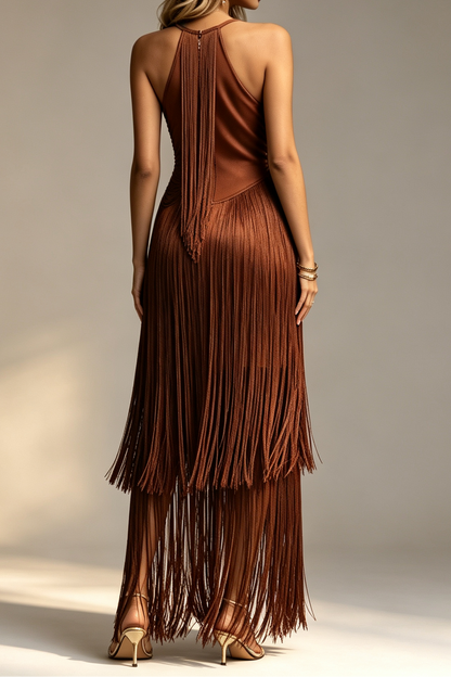 Chocolate Brown Halter Neck Draped Bodice Multi-Tier Long Fringe Bodycon Midi Party Dress
