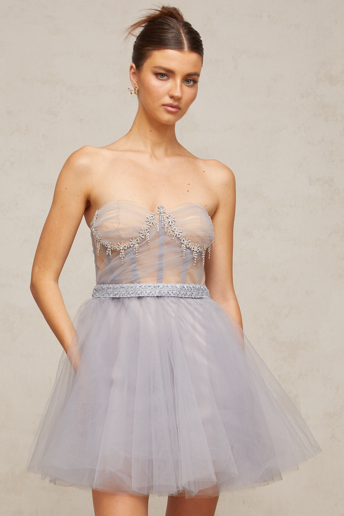 madeline grey embellished puff tulle mini dress