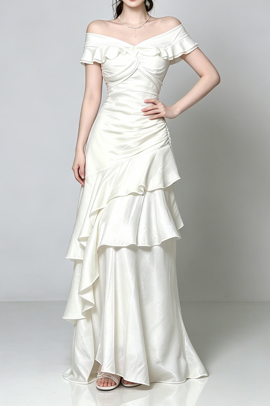 Off Shoulder Twist Ruched Tiered Ruffle Satin Maxi Dress